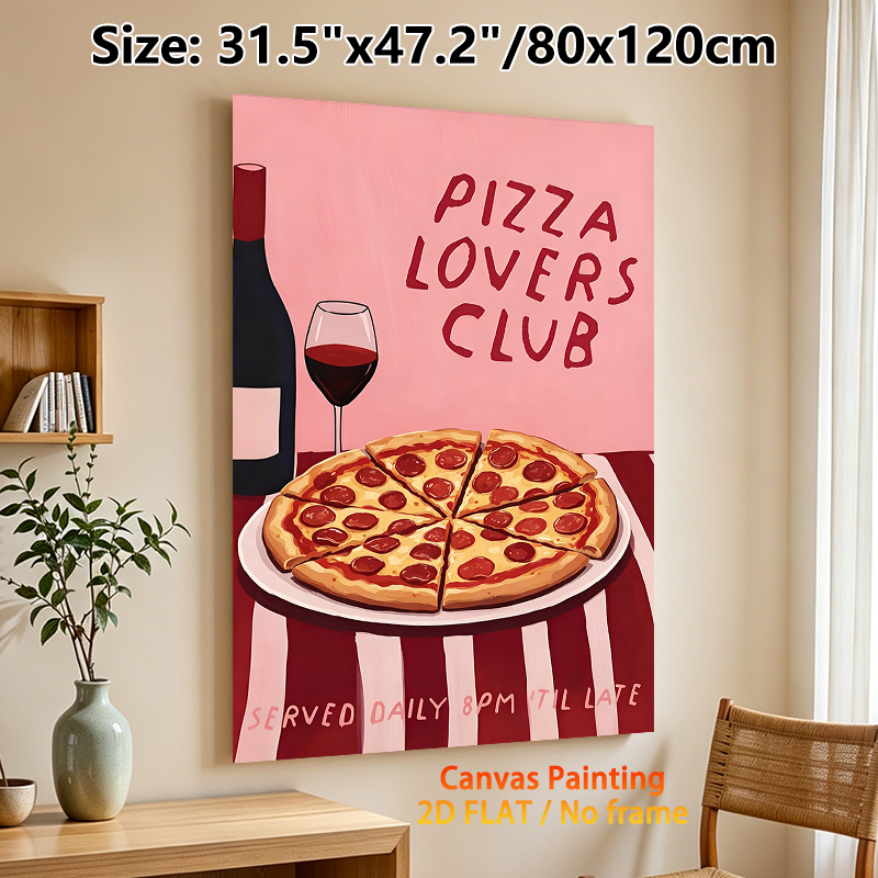 Pizza Lovers Club Themed Painting Poster, Warm-toned Cartoon-style Poster With Pepperoni Pizza, Wine Bottle & Glass, Cozy Food-inspired Decor Ideal_maomaolike.com