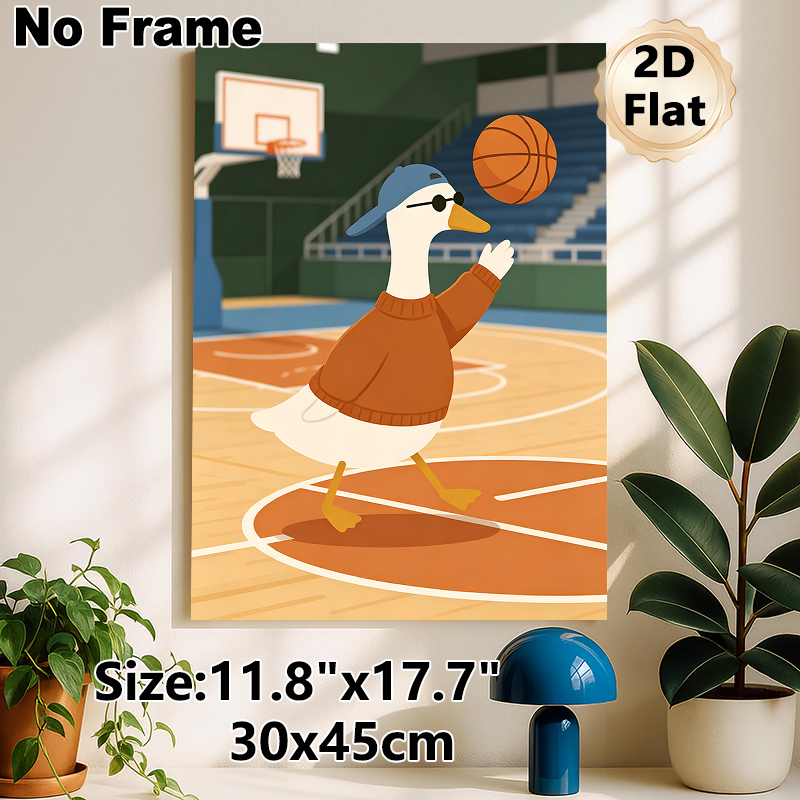 Basketball Duck Painting Poster, Cute Cartoon Style Poster, Vibrant Playful Design With A Cool Duck Playing Basketball On Court, Ideal For Game Room_maomaolike.com