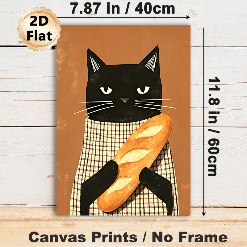 Black Cat With Baguette Painting Poster, Warm-toned Whimsical Illustration Poster, Delightful Cozy Decor Ideal For Kitchen, Dining Area_maomaolike.com