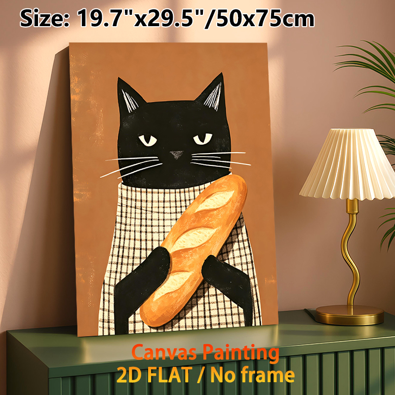 Black Cat With Baguette Painting Poster, Warm-toned Whimsical Illustration Poster, Delightful Cozy Decor Ideal For Kitchen, Dining Area_maomaolike.com
