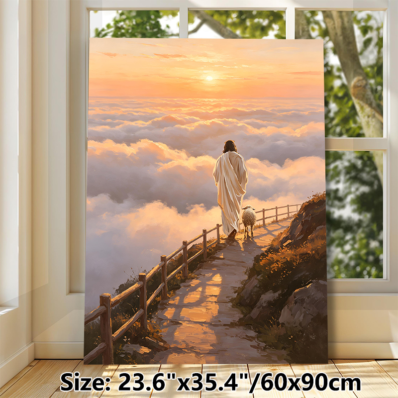 Jesus With Lamb Spiritual Painting Poster, Warm-toned Oil Painting Style Poster, Serene Sunset Scene With Jesus And Lamb Above Clouds, Peaceful_maomaolike.com