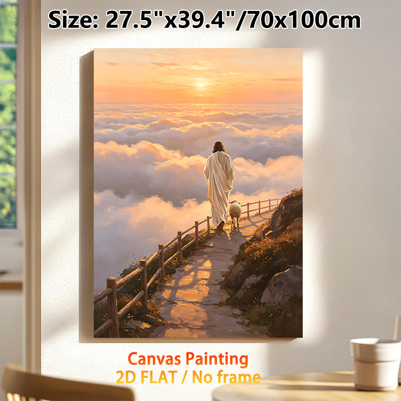 Jesus With Lamb Spiritual Painting Poster, Warm-toned Oil Painting Style Poster, Serene Sunset Scene With Jesus And Lamb Above Clouds, Peaceful_maomaolike.com