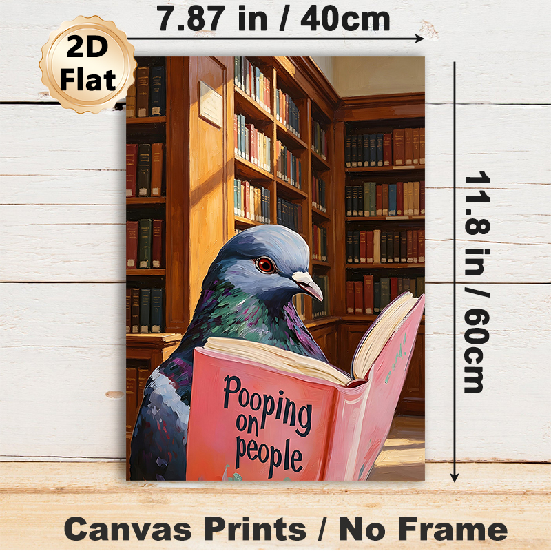 Pigeon Reading Book Painting Poster, Rich-toned Oil Painting Style Poster, Playful Quirky Literary Decor Ideal For Library, Study Room_maomaolike.com
