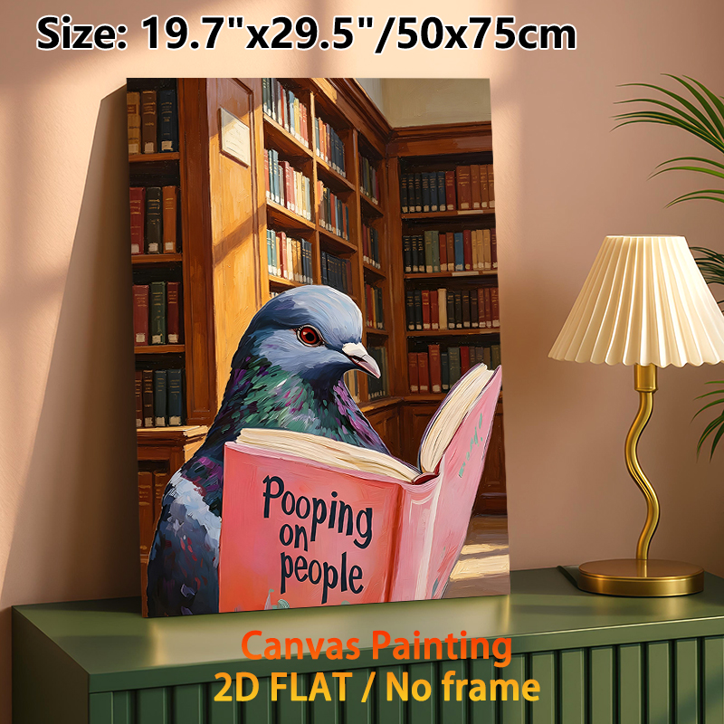 Pigeon Reading Book Painting Poster, Rich-toned Oil Painting Style Poster, Playful Quirky Literary Decor Ideal For Library, Study Room_maomaolike.com