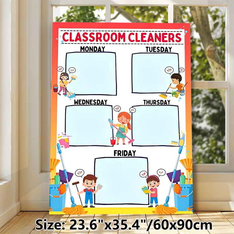 Classroom Cleaners Weekly Schedule Painting Poster, Vibrant Cartoon-style Poster, Practical Weekly Cleaning Duty Layout To Arrange Tasks, Ideal For_maomaolike.com