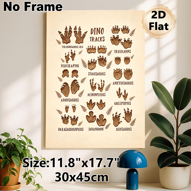 Dinosaur Tracks Painting Poster, Vintage Earth-toned Illustrated Diverse Dinosaur Footprints Poster, Educational Dinosaur-themed Decor Idea For Living_maomaolike.com
