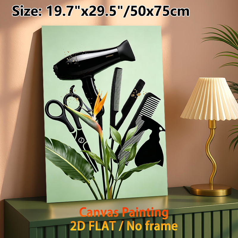 Hairdressing Tools & Bird Of Paradise Themed Painting Poster, Sleek Black Salon Supplies With Tropical Floral Poster, Stylish Artistic Decor Ideal For_maomaolike.com