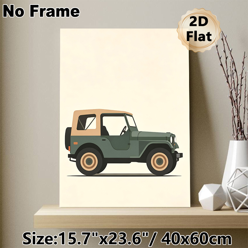 Vintage Off-Road Jeep Painting Poster, Minimalist Flat Design Poster, Retro Sage Green & Beige Vehicle Artwork, Ideal For Living Room, Garage Or Hobby_maomaolike.com