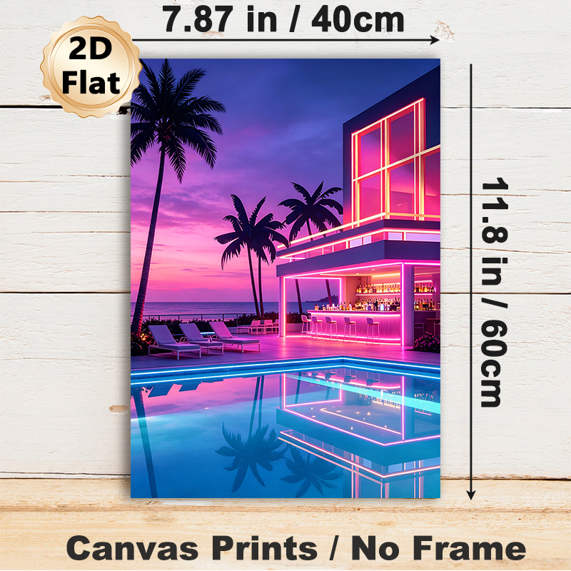 Neon Beachside Pool Bar Painting Poster, Vibrant Synthwave-style Coastal Resort Poster, Eye-catching Neon-lit Scene With Sunset Reflections & Palm_maomaolike.com