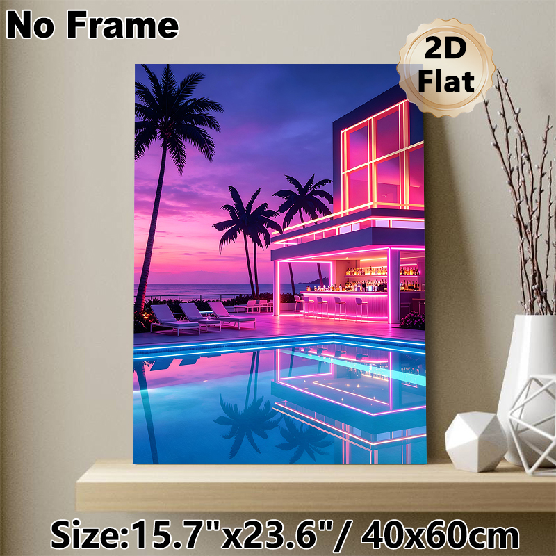 Neon Beachside Pool Bar Painting Poster, Vibrant Synthwave-style Coastal Resort Poster, Eye-catching Neon-lit Scene With Sunset Reflections & Palm_maomaolike.com