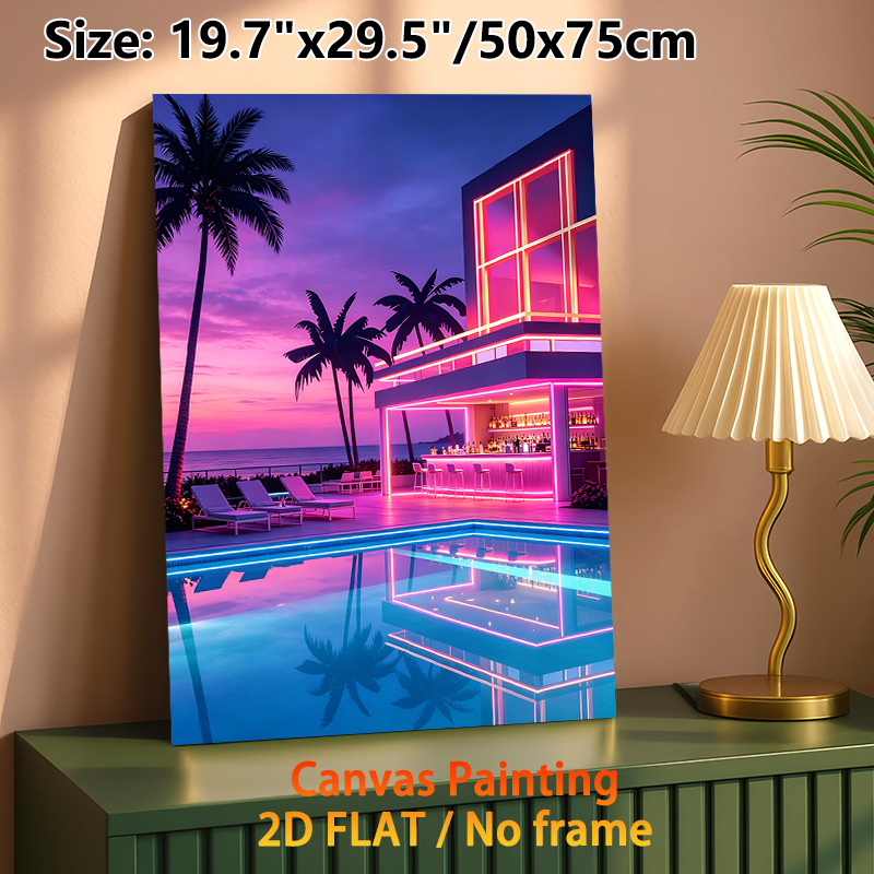Neon Beachside Pool Bar Painting Poster, Vibrant Synthwave-style Coastal Resort Poster, Eye-catching Neon-lit Scene With Sunset Reflections & Palm_maomaolike.com