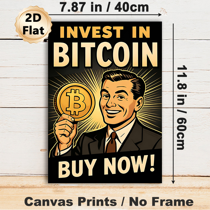 Bitcoin Investment Painting Poster, Vintage Retro Style Poster, Eye-catching Crypto-themed Design With Bold Text And Smiling Man Holding Bitcoin_maomaolike.com