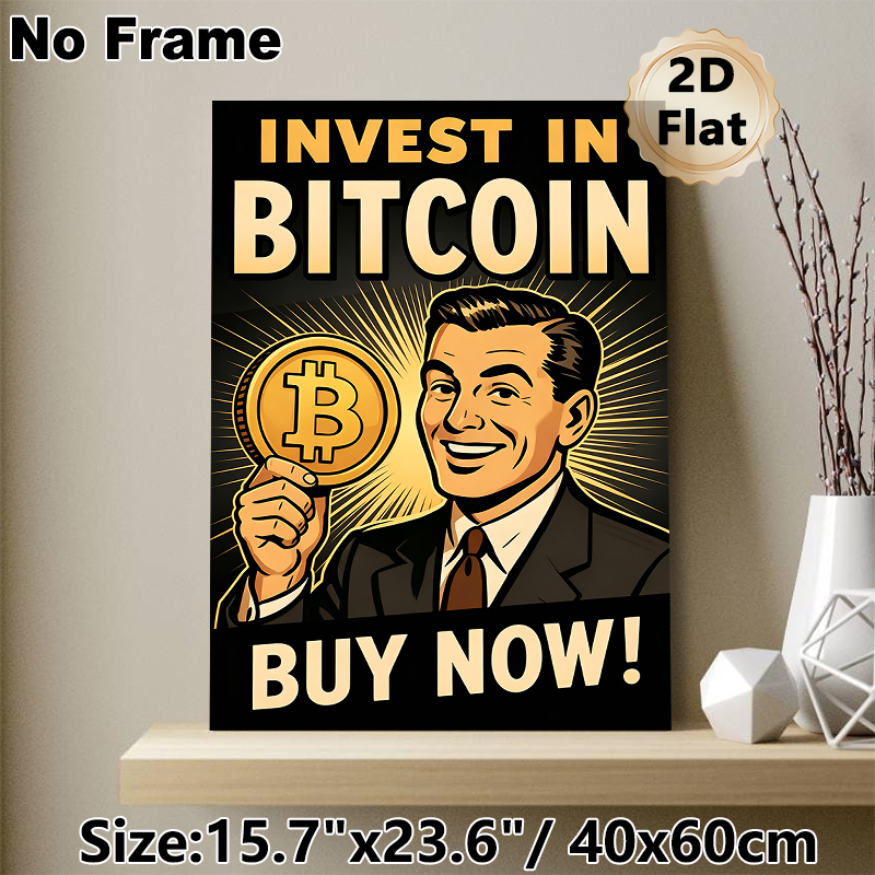 Bitcoin Investment Painting Poster, Vintage Retro Style Poster, Eye-catching Crypto-themed Design With Bold Text And Smiling Man Holding Bitcoin_maomaolike.com