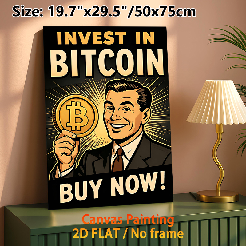 Bitcoin Investment Painting Poster, Vintage Retro Style Poster, Eye-catching Crypto-themed Design With Bold Text And Smiling Man Holding Bitcoin_maomaolike.com