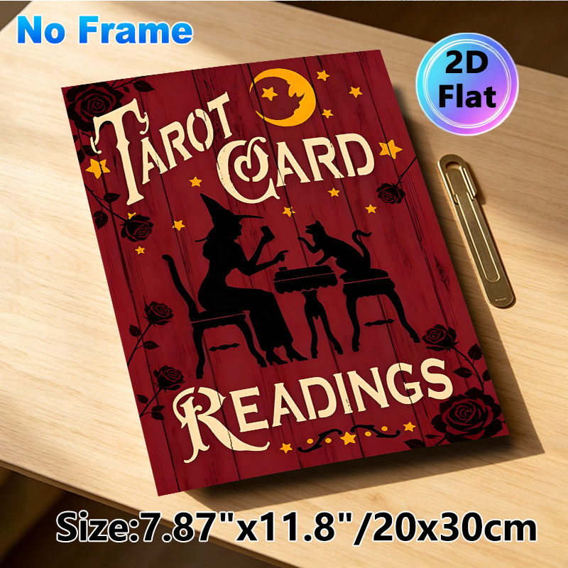 Tarot Card Readings Painting Poster, Retro Silhouette Style Poster, Witch & Black Cat Divination Scene With Moon & Roses, Ideal For Occult-Themed_maomaolike.com