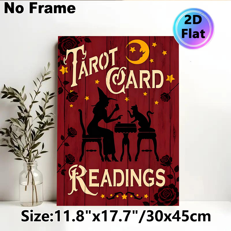 Tarot Card Readings Painting Poster, Retro Silhouette Style Poster, Witch & Black Cat Divination Scene With Moon & Roses, Ideal For Occult-Themed_maomaolike.com