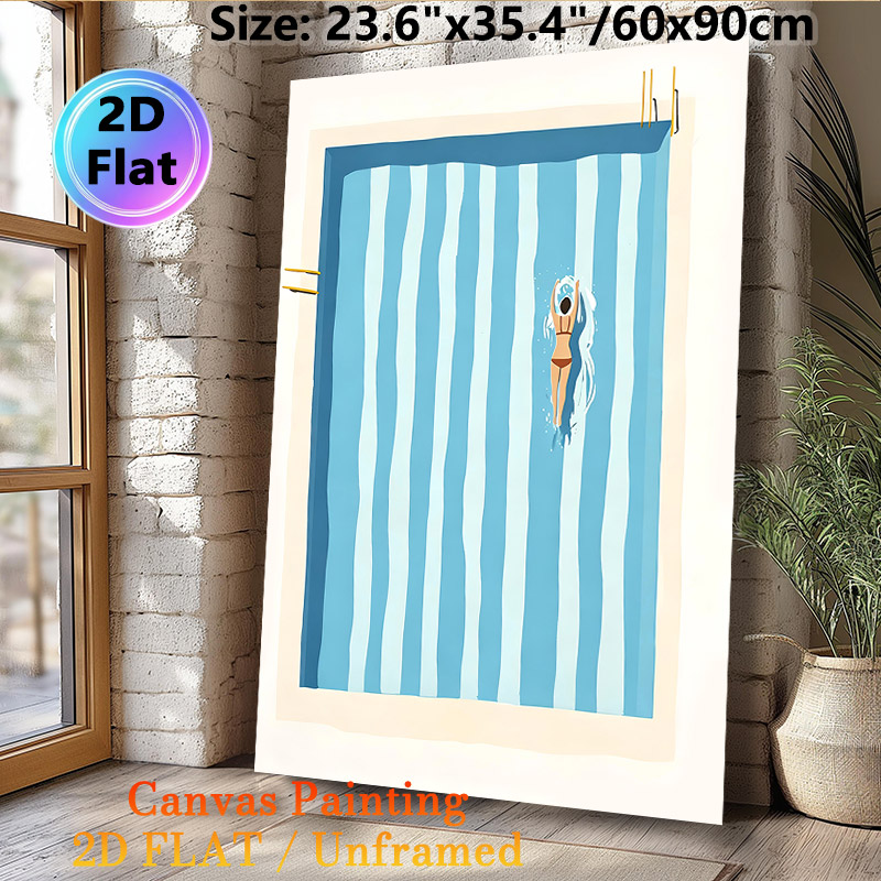 Swimming Pool Themed Painting Poster, Minimalist Flat-style Illustration Of Woman Swimming In Pool Poster, Serene Summer-inspired Decor Ideal For_maomaolike.com