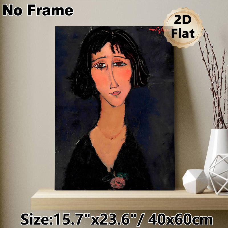 Bob-haired Woman Portrait Painting Poster, Expressionist Style Soft-toned Portrait With Rose Detail Poster, Timeless Artistic Decor Ideal For Living_maomaolike.com