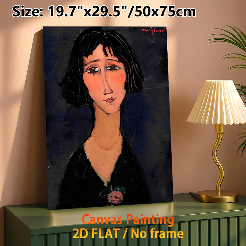 Bob-haired Woman Portrait Painting Poster, Expressionist Style Soft-toned Portrait With Rose Detail Poster, Timeless Artistic Decor Ideal For Living_maomaolike.com