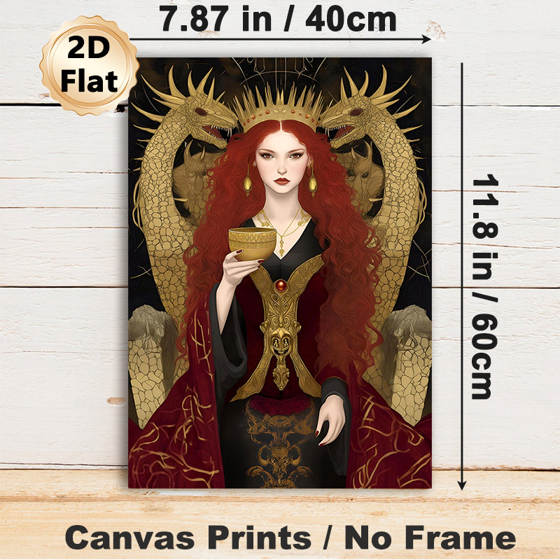 Dark Fantasy Queen & Dragon Painting Poster, Luxurious Gothic Style Poster, Mysterious Ornate Design With Red-haired Queen Holding Golden Cup, Ideal_maomaolike.com